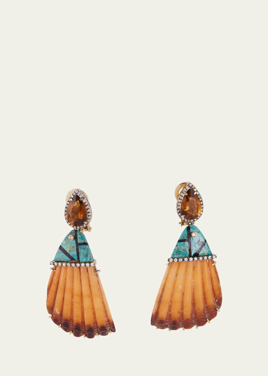 Image 1 of 1: 18K Yellow Gold Earrings with Diamonds, Citrine and Triangular Orange Shell Micro Mosaic