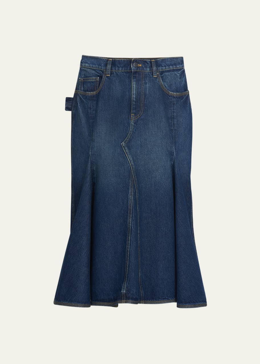Image 1 of 1: Paneled Denim Midi Skirt with Pleating