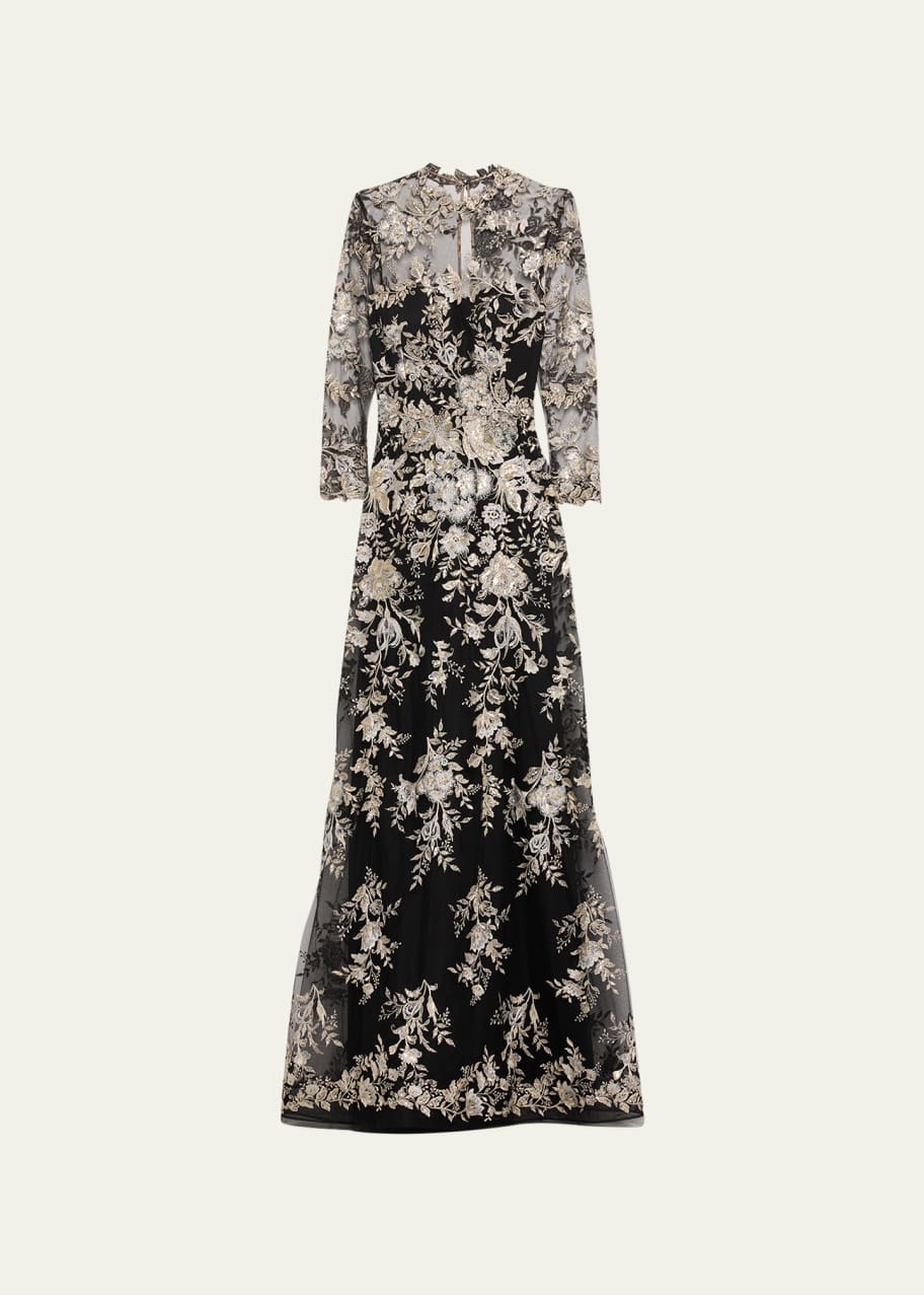Rickie Freeman for Teri Jon Floral-Embroidered Mock-Neck Tulle Gown ...