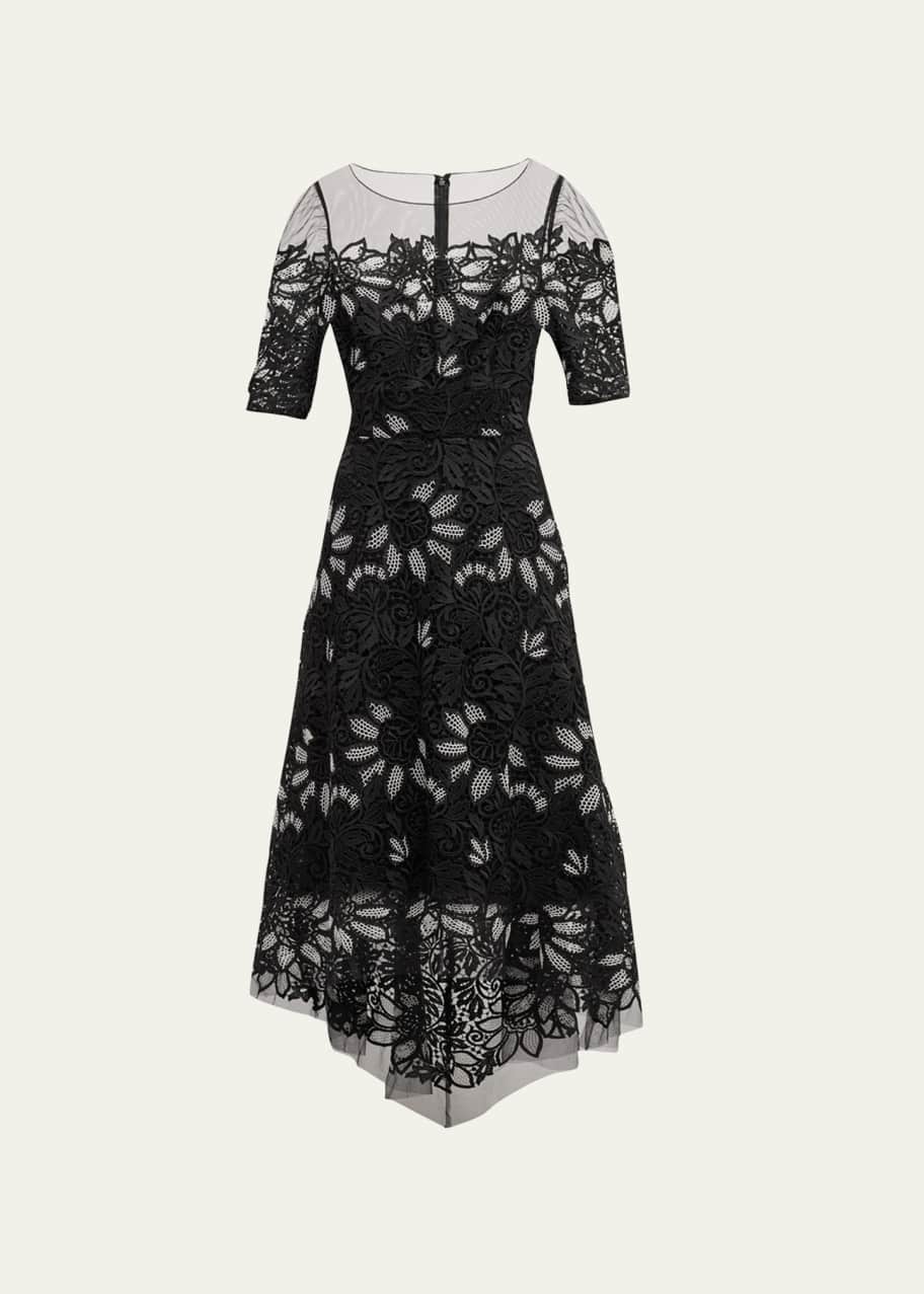 knee length dresses for ladies Teri Jon by Rickie Freeman Women's Lace Pintuck Dress - Navy main image 0