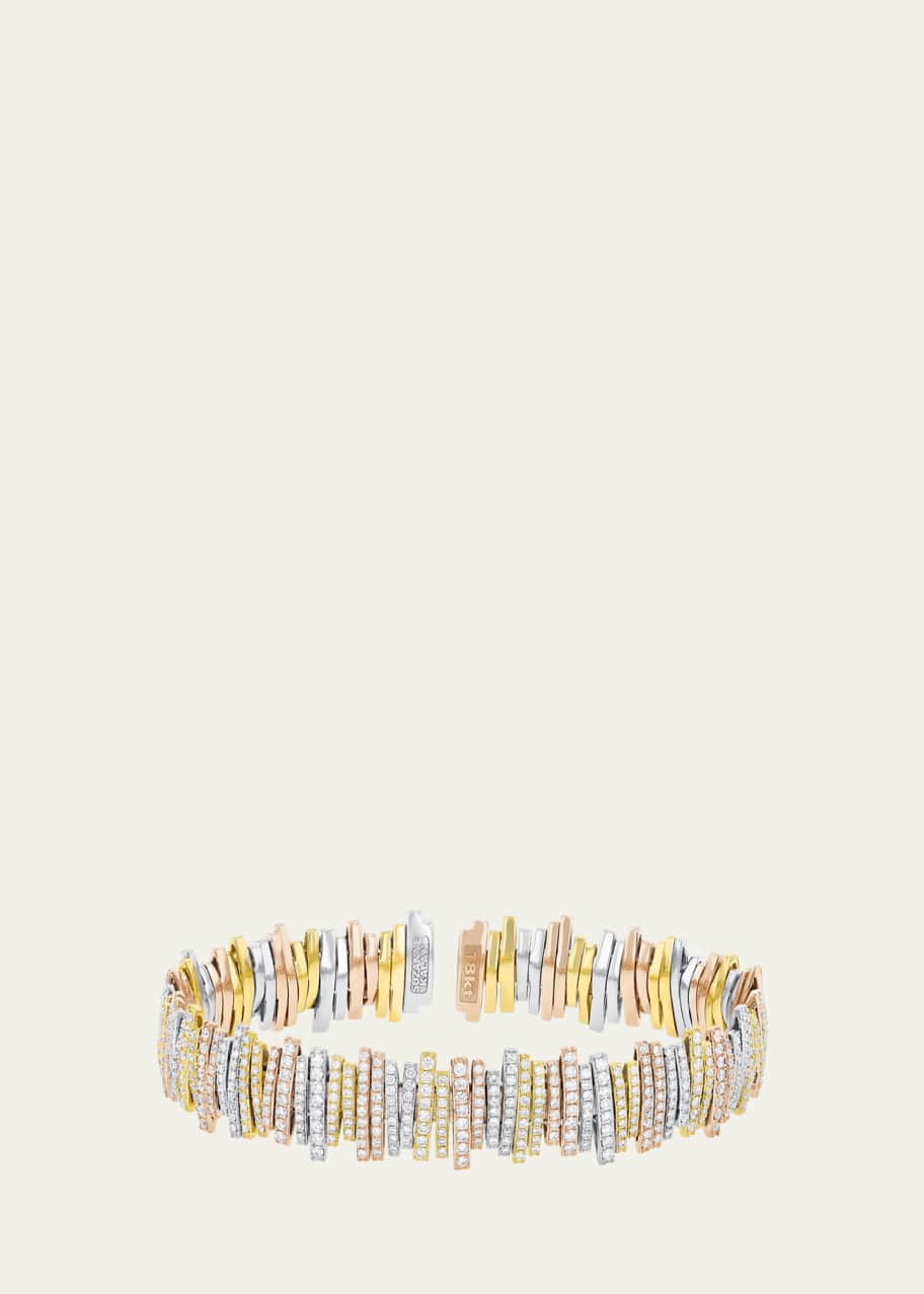 Image 1 of 1: Eternity Lines Bangle with Round Pave White Diamonds in Tricolor 18K Gold