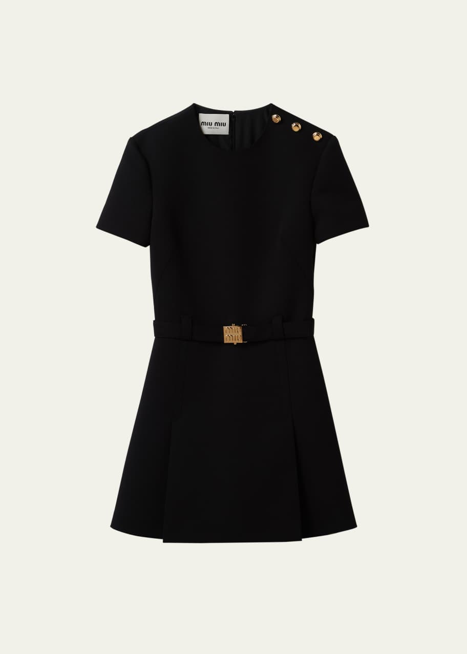 Miu Miu Button-Shoulder Short-Sleeve Belted Grain De Poudre