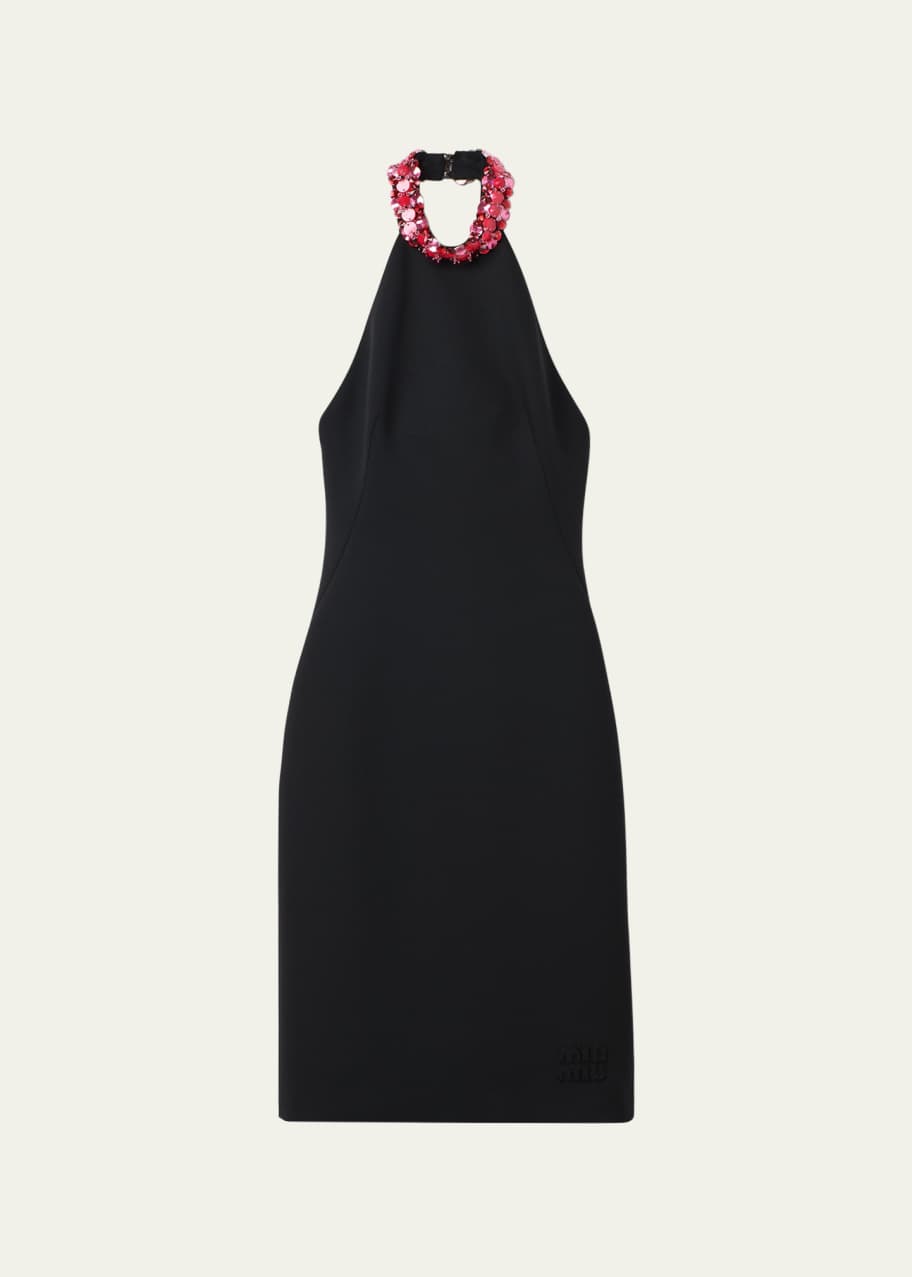 Stone-Embellished Halter Grain de Poudre Dress