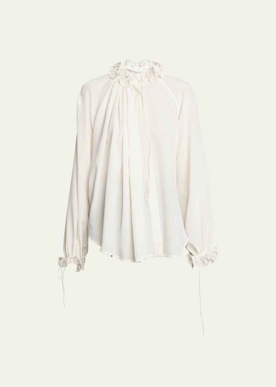 Victoria Beckham Self-Tie Ruched Mock-Neck Long-Sleeve Silk Blouse ...