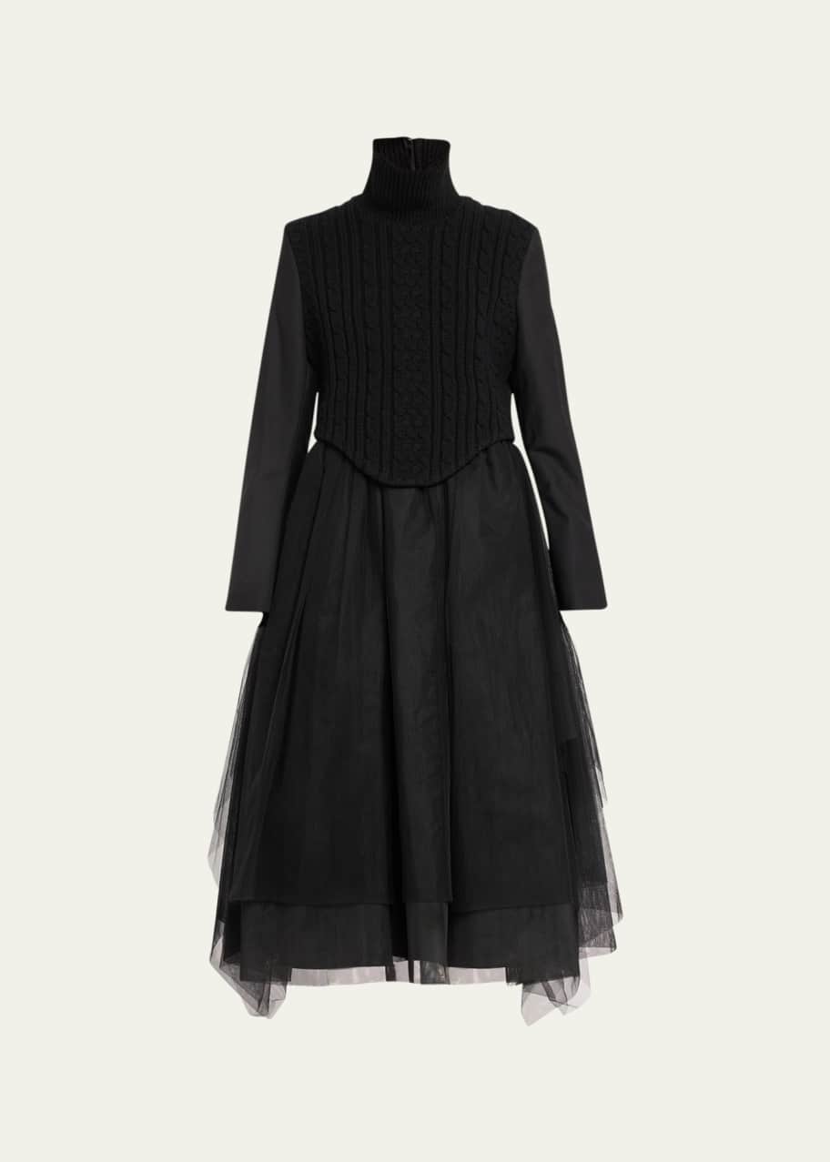 Noir Kei Ninomiya Mixed-Media Wool Fit-Flare Tulle Midi Apron Dress -  Bergdorf Goodman