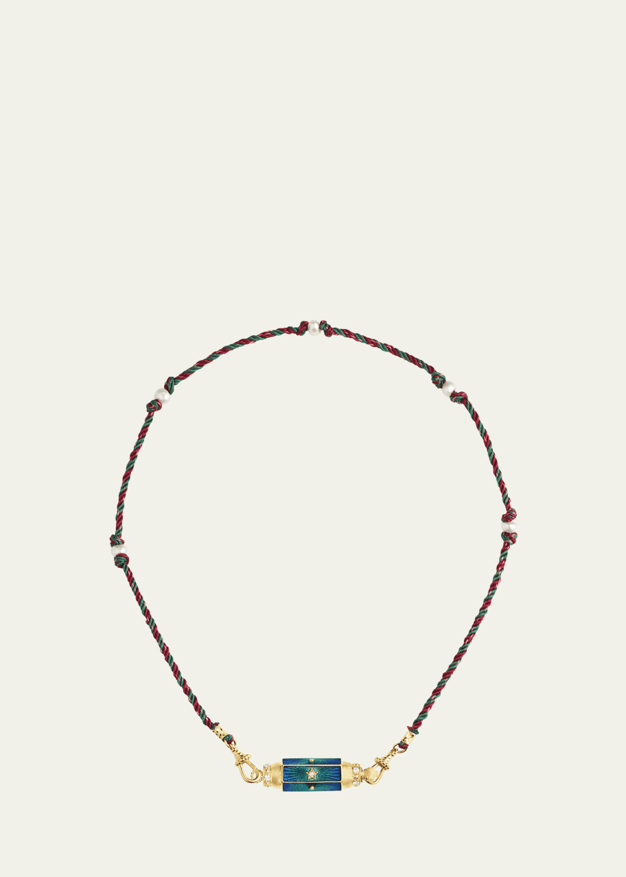 Image 1 of 1: 18K Gold Baby Blue Enamel Locket Necklace with Diamonds and Freshwater Pearls