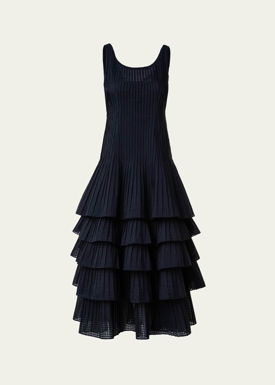 Image 1 of 1: Organza Grid Midi Dress with Plisse Layer Skirt