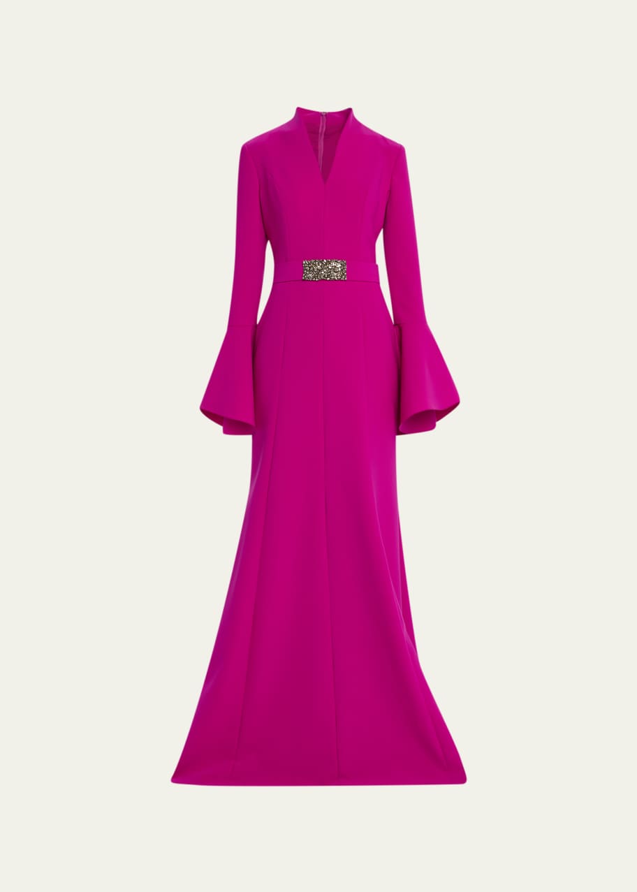 Rickie Freeman for Teri Jon Bell-Sleeve Jewel-Embellished Crepe Gown ...