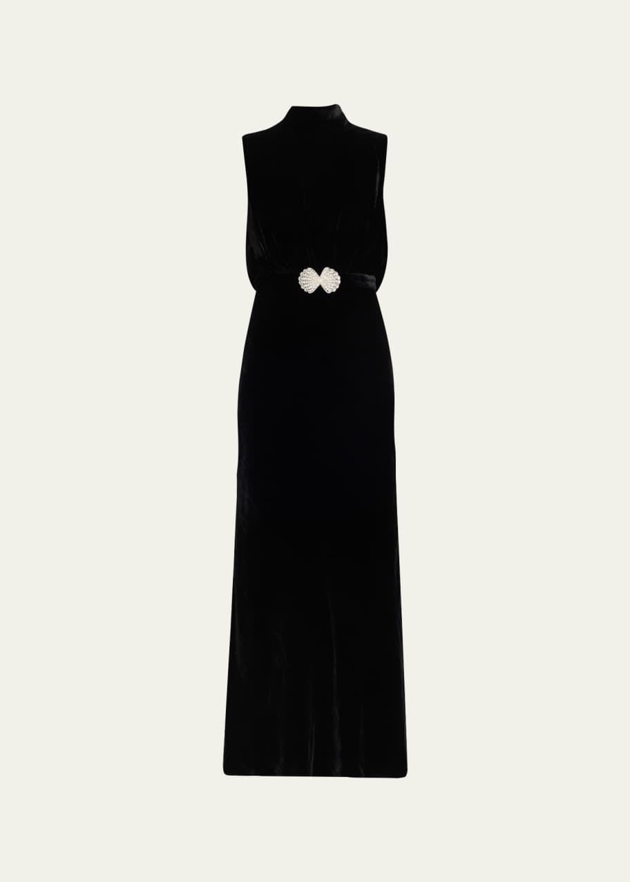 princess polly baby blue dress Black velvet dress featuring a sash in black silk double satin, embellished  with gold crystal silk floral threadwork, crystal xillions, and navettes main image 0