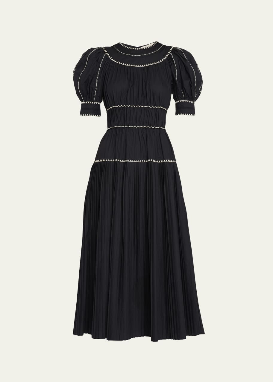 Ulla Johnson Harriet Pleated Puff-Sleeve Embroidered Midi Dress - Bergdorf  Goodman