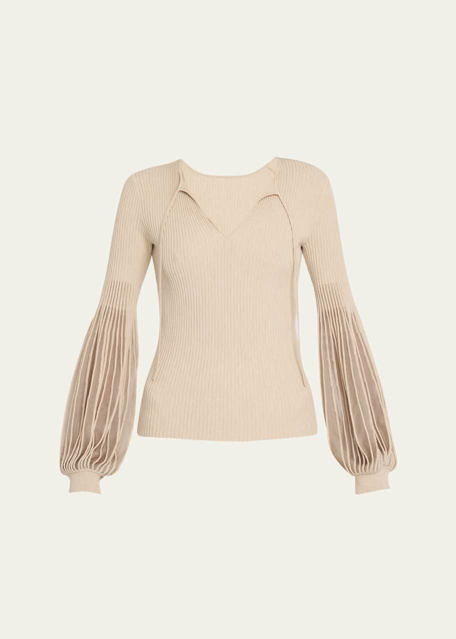Ulla Johnson Lenora PuffSleeve RibKnit SplitNeck Top Bergdorf Goodman