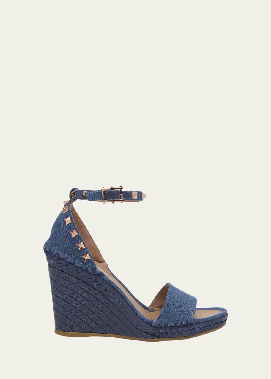 Valentino Garavani Rockstud Denim Wedge Espadrille Sandals Bergdorf Goodman