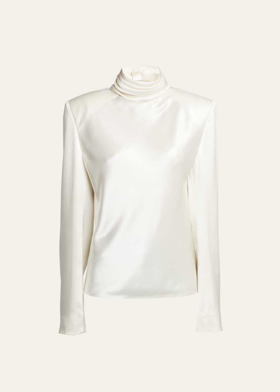 Image 1 of 1: Mock-Neck Keyhole Silk Blouse