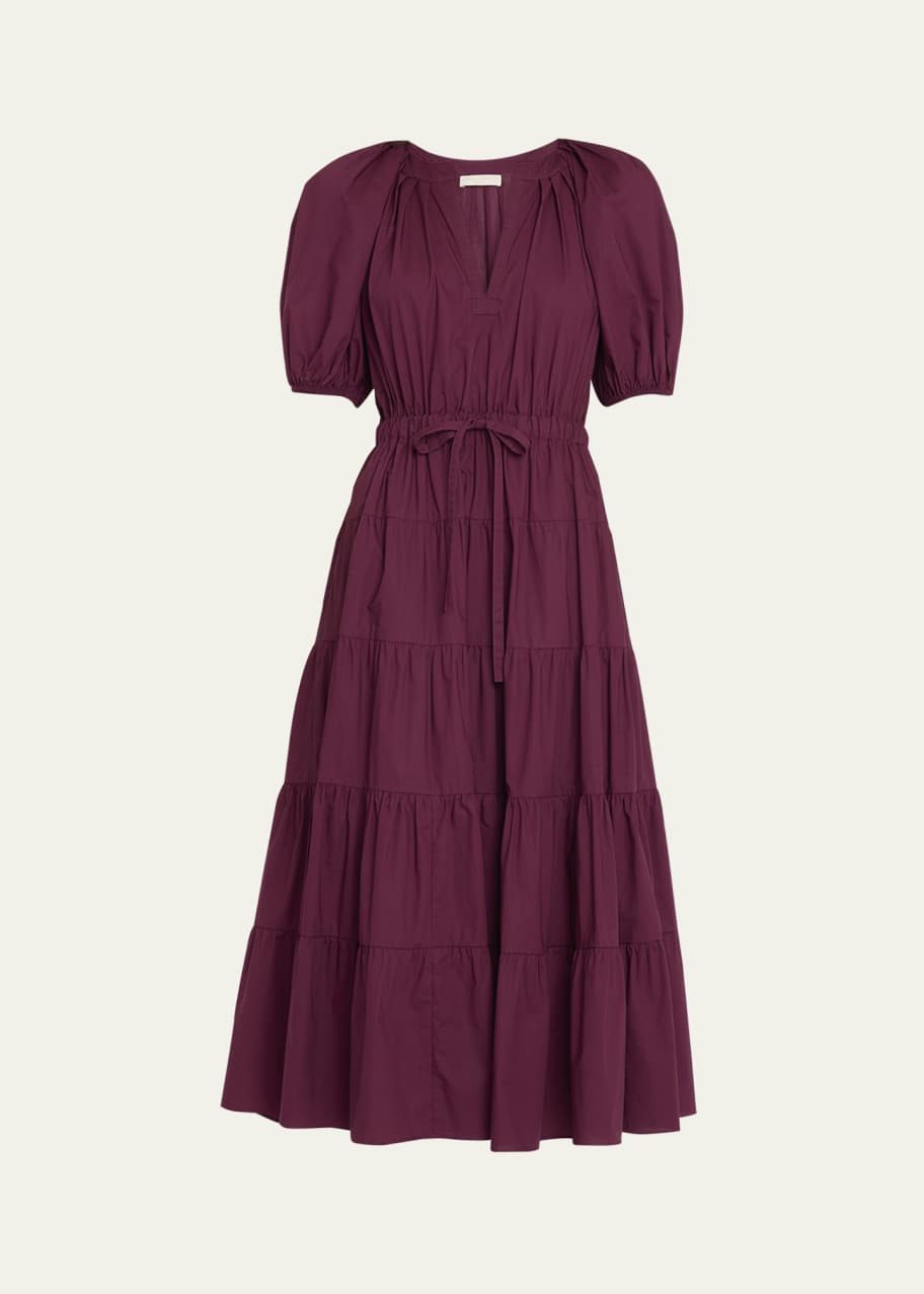 white christmas dresses Baby Pink Cotton Poplin Tier Dress - Off-Shoulder Midi