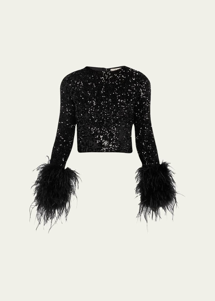 Feather Embellishment Black Sequin Crop Top Feather Embellishment Black Sequin Crop Top