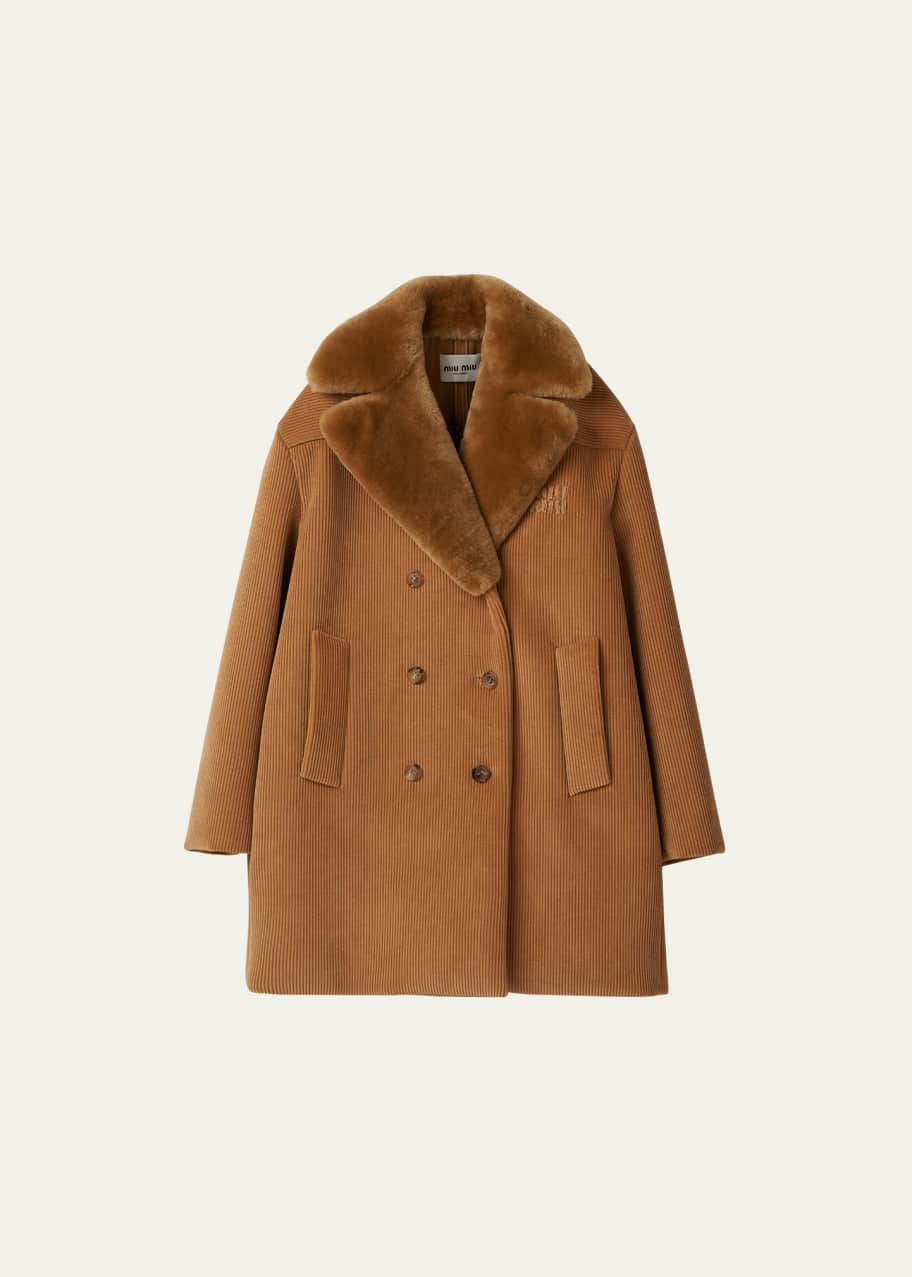 Miu Miu Logo-Embroidered Corduroy Padded Coat with Shearling