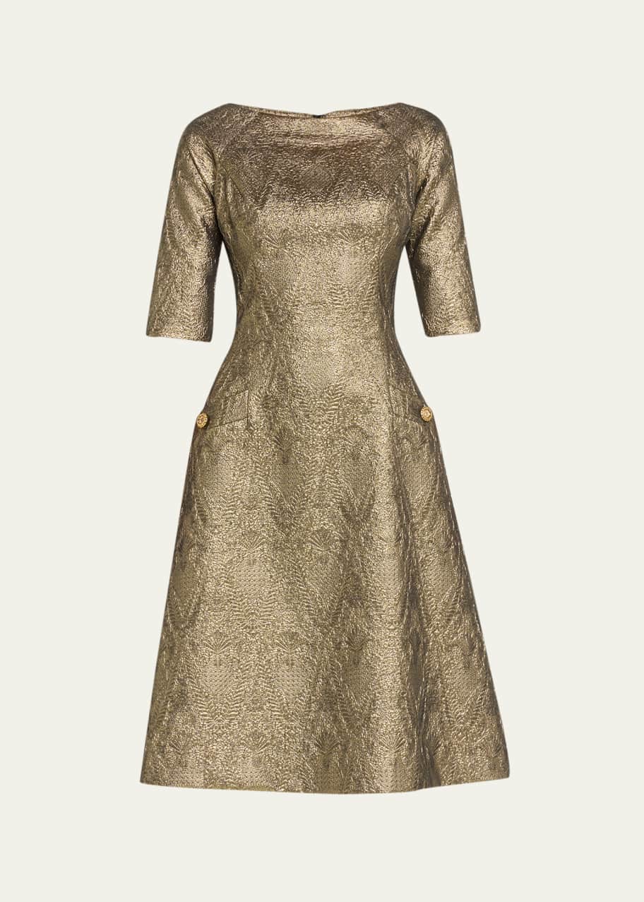 Rickie Freeman for Teri Jon Elbow-Sleeve Metallic Jacquard Midi Dress -  Bergdorf Goodman