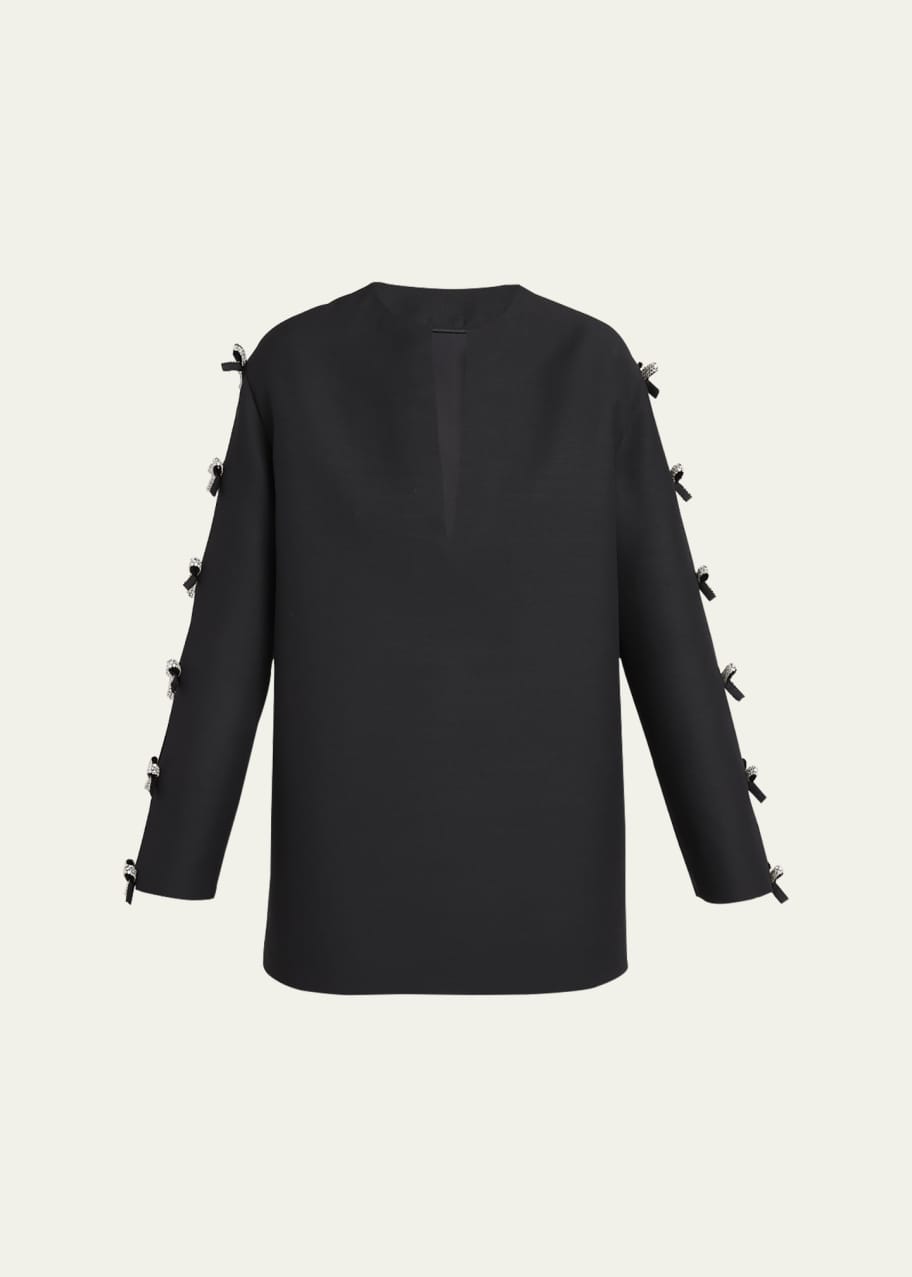 Image 1 of 1: Strass Bow Cutout-Sleeve Long-Sleeve Mini Tunic Dress