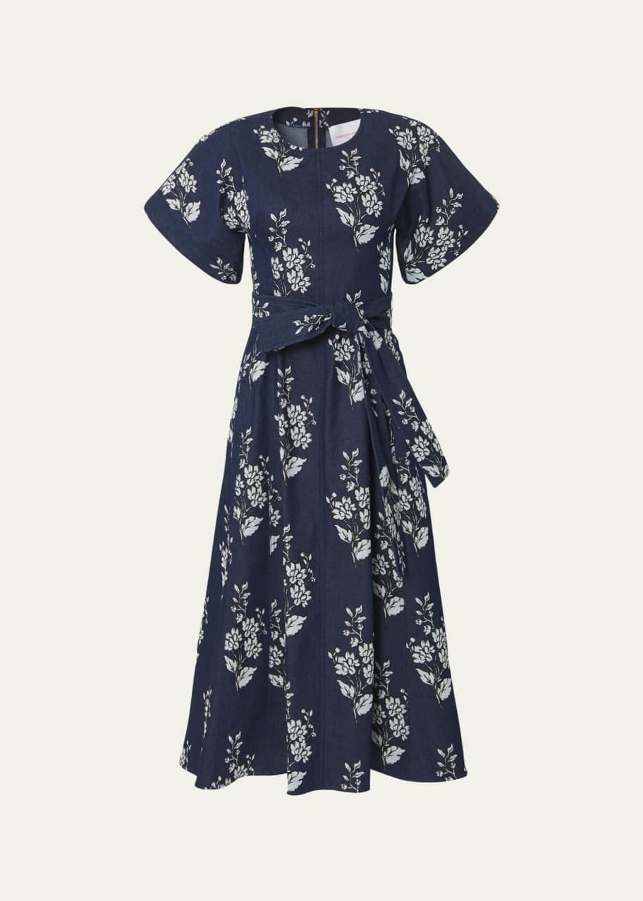 Carolina Herrera Floral-Print Denim Belted Midi Dress - Bergdorf Goodman