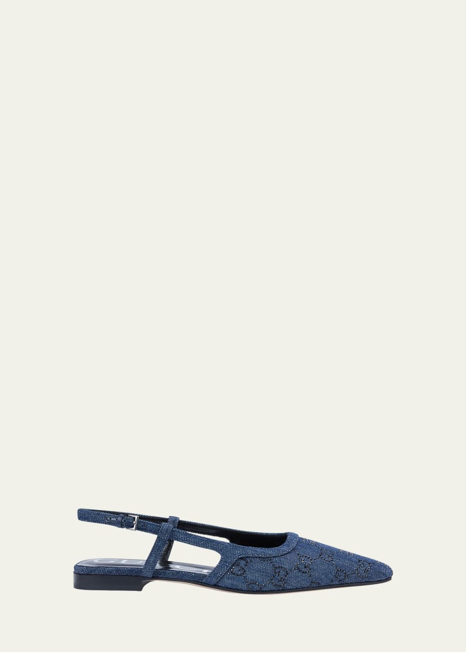 Image 1 of 1: Demi Crystal GG Denim Slingback Ballerina Flats