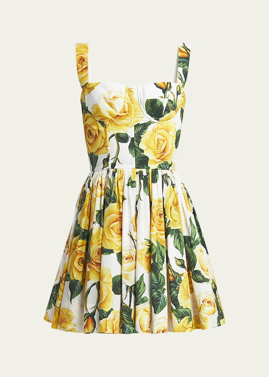 Dolce & Gabbana ローズ コットン ミニ ドレス イエロー Dolce & Gabbana - Yellow Rose Print Stretch Cotton Mini Dress