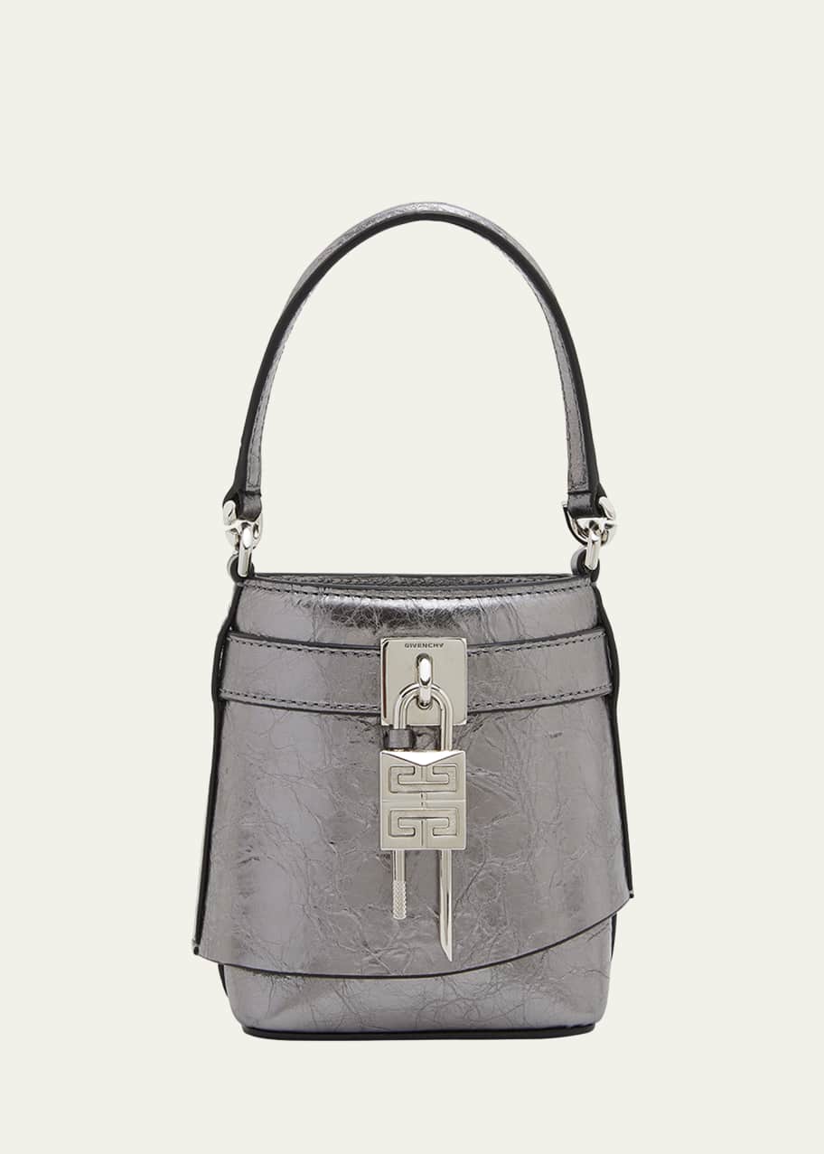Image 1 of 1: Shark Lock Micro Bucket Bag in Metallized Laminated Leather