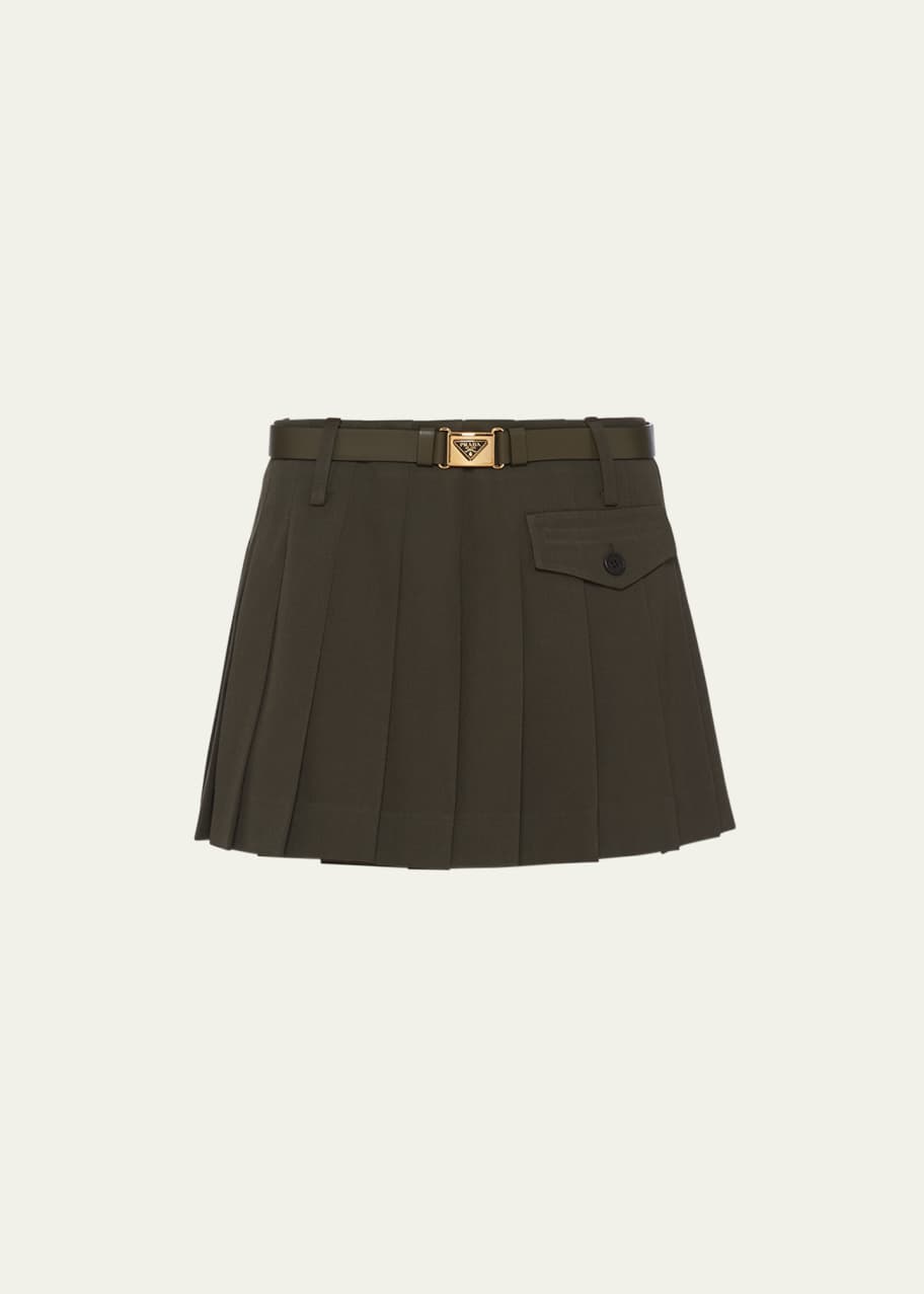 Prada Pleated Gabardine Leather Belted Mini Skirt - Bergdorf Goodman