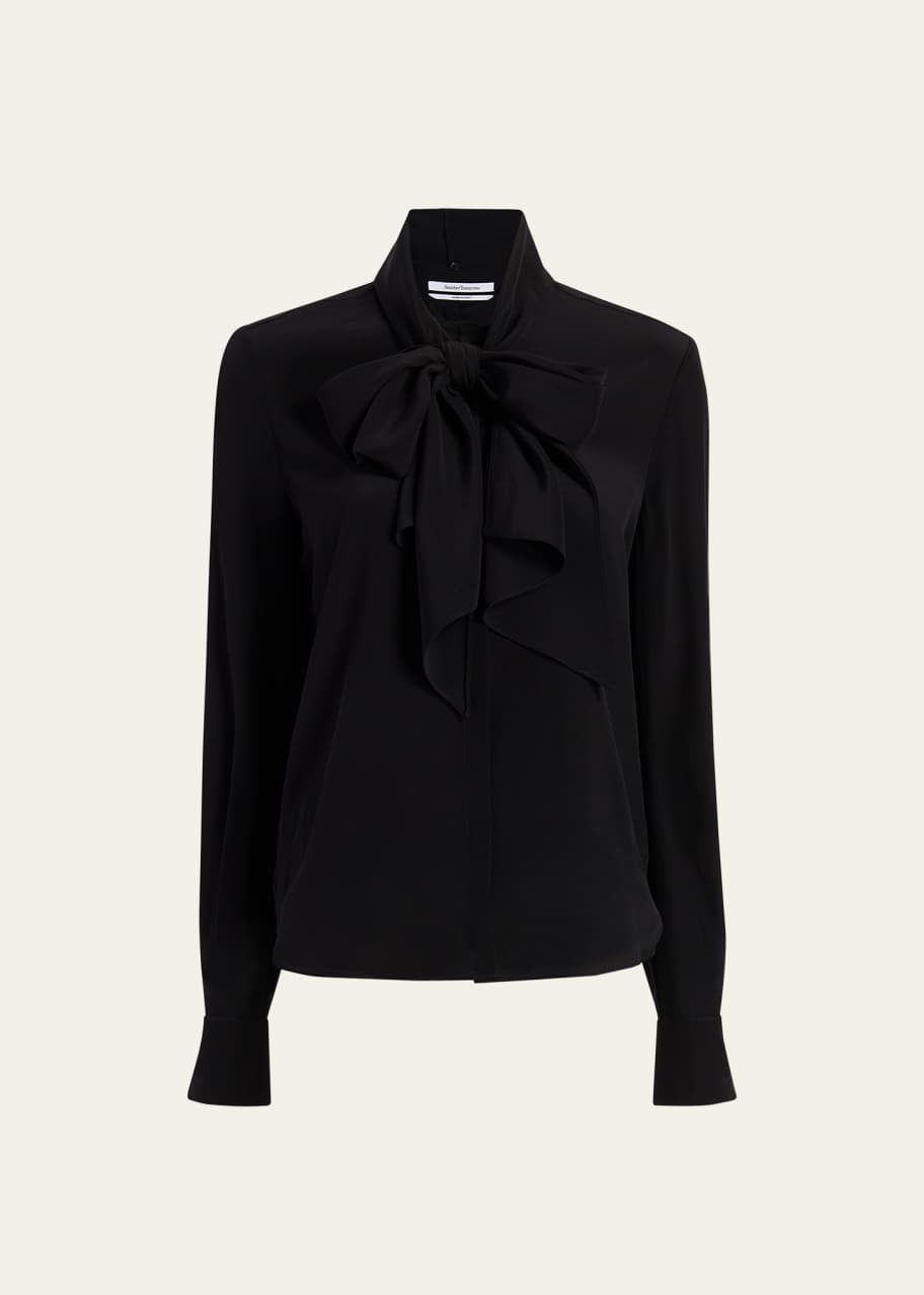 Image 1 of 1: Scarf-Neck Button Up Silk Blouse
