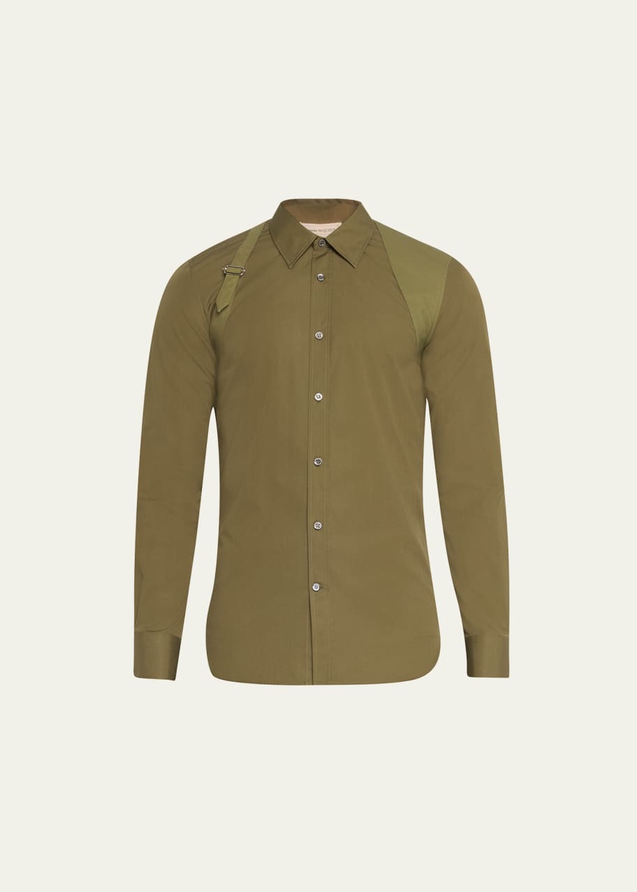 alexander mcqueen dress shirt Men's Designer Shirts | Harness & White cotton poplin harness shirt detailed with a metal buckle McQueen Men's Tonal Harness Dress