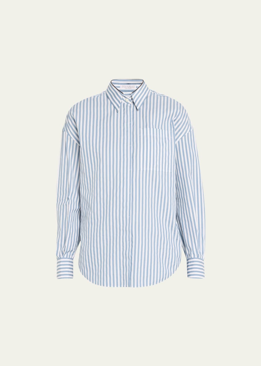 Image 1 of 1: Striped Button-Front Blouse with Monili Trim