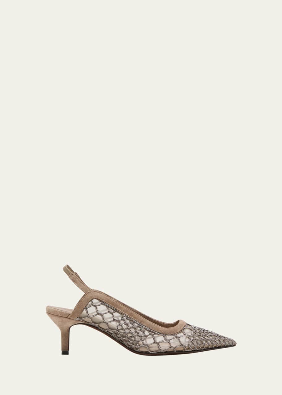 Brunello Cucinelli Crystal Mesh Net Slingback Pumps