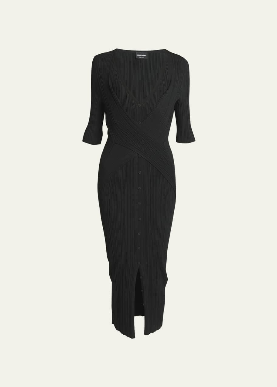 Image 1 of 1: Button Front Ribbed Body-Con Midi Dress