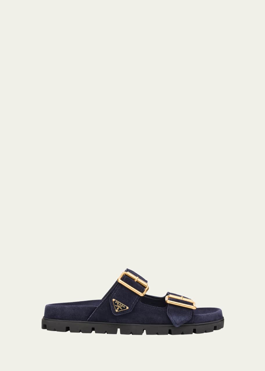 Prada Suede Double-Buckle Slide Sandals - Bergdorf Goodman