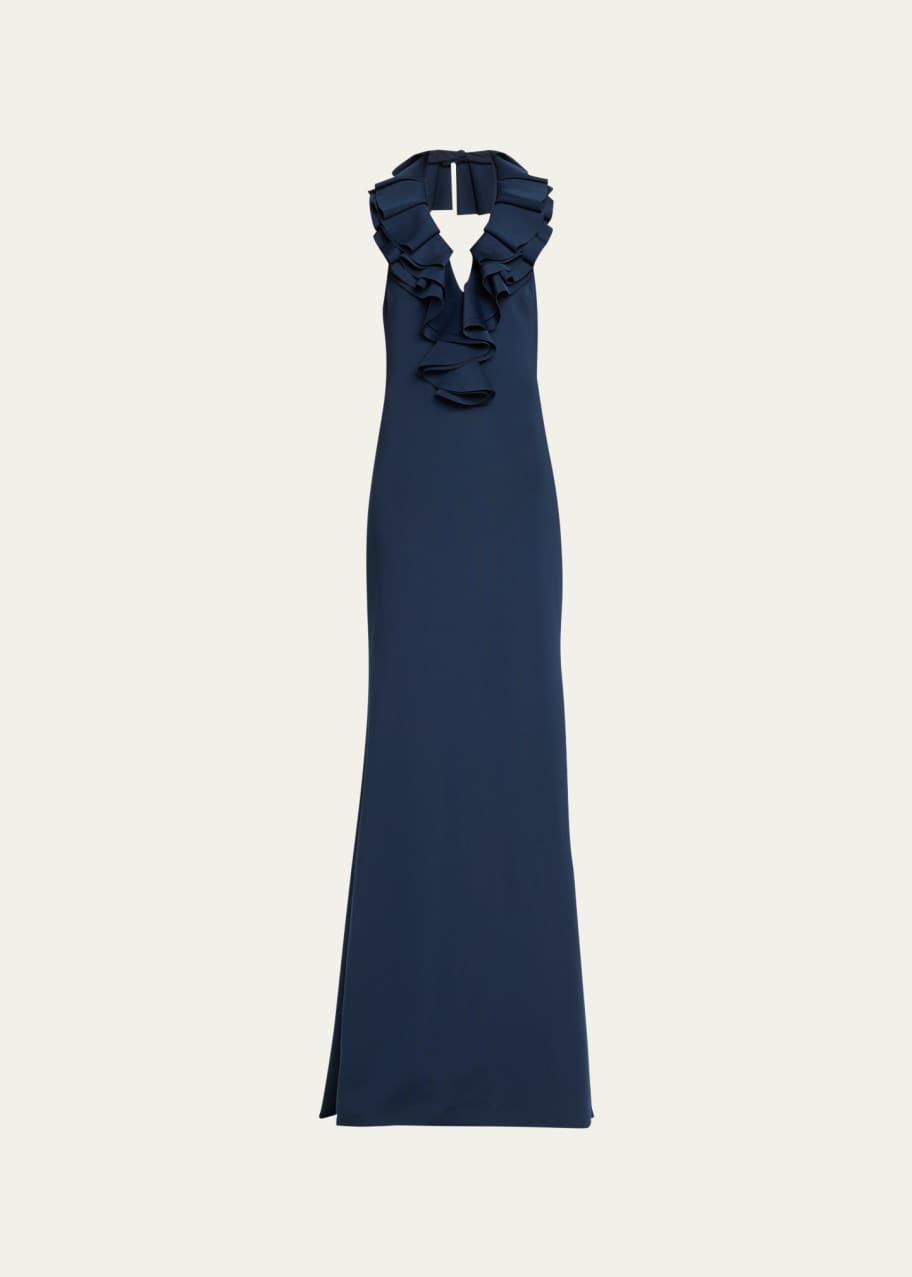 Badgley Mischka Collection Ruffle Halter Trumpet Gown - Bergdorf Goodman
