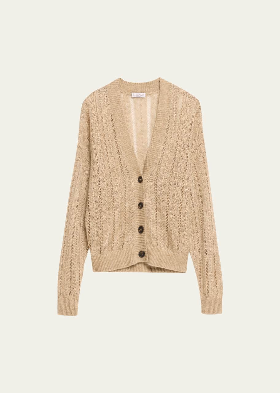 Brunello Cucinelli Herringbone Linen Button-Front Cardigan