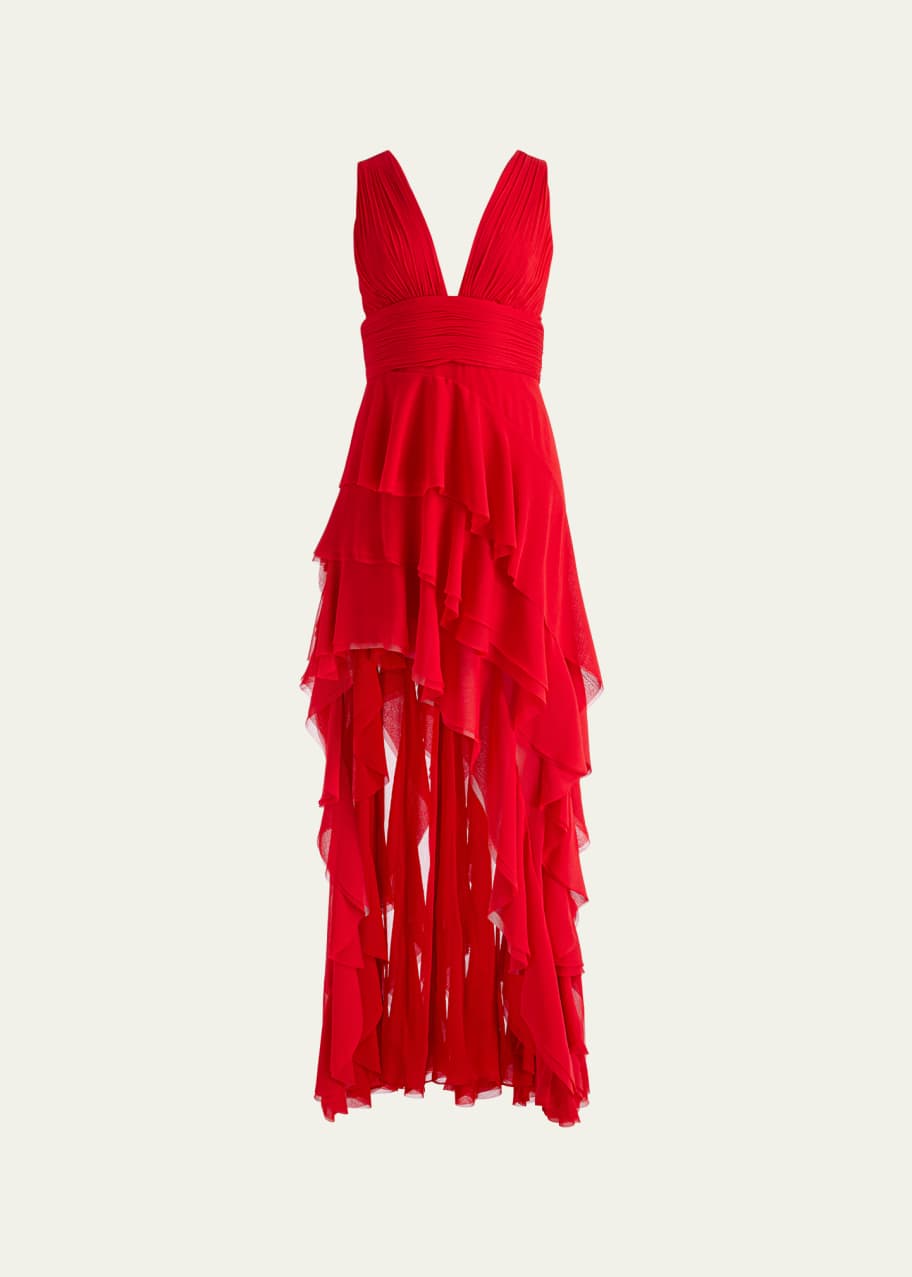 alice and olivia asymmetrical dress ALICE + OLIVIA Holly Low-Neck Asymmetric Ruffle Maxi Dress