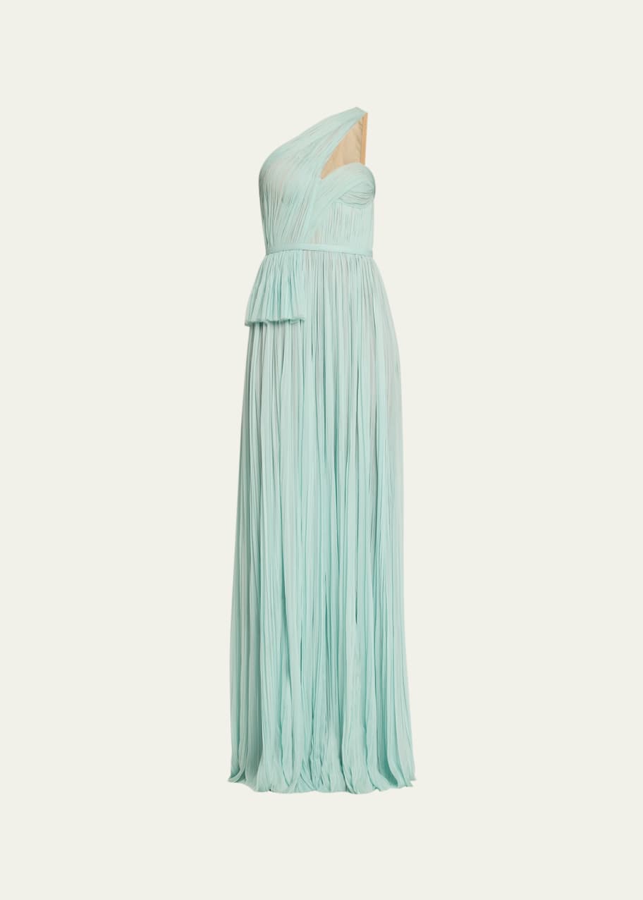 Image 1 of 1: One-Shoulder Hand-Pleated Chiffon Gown