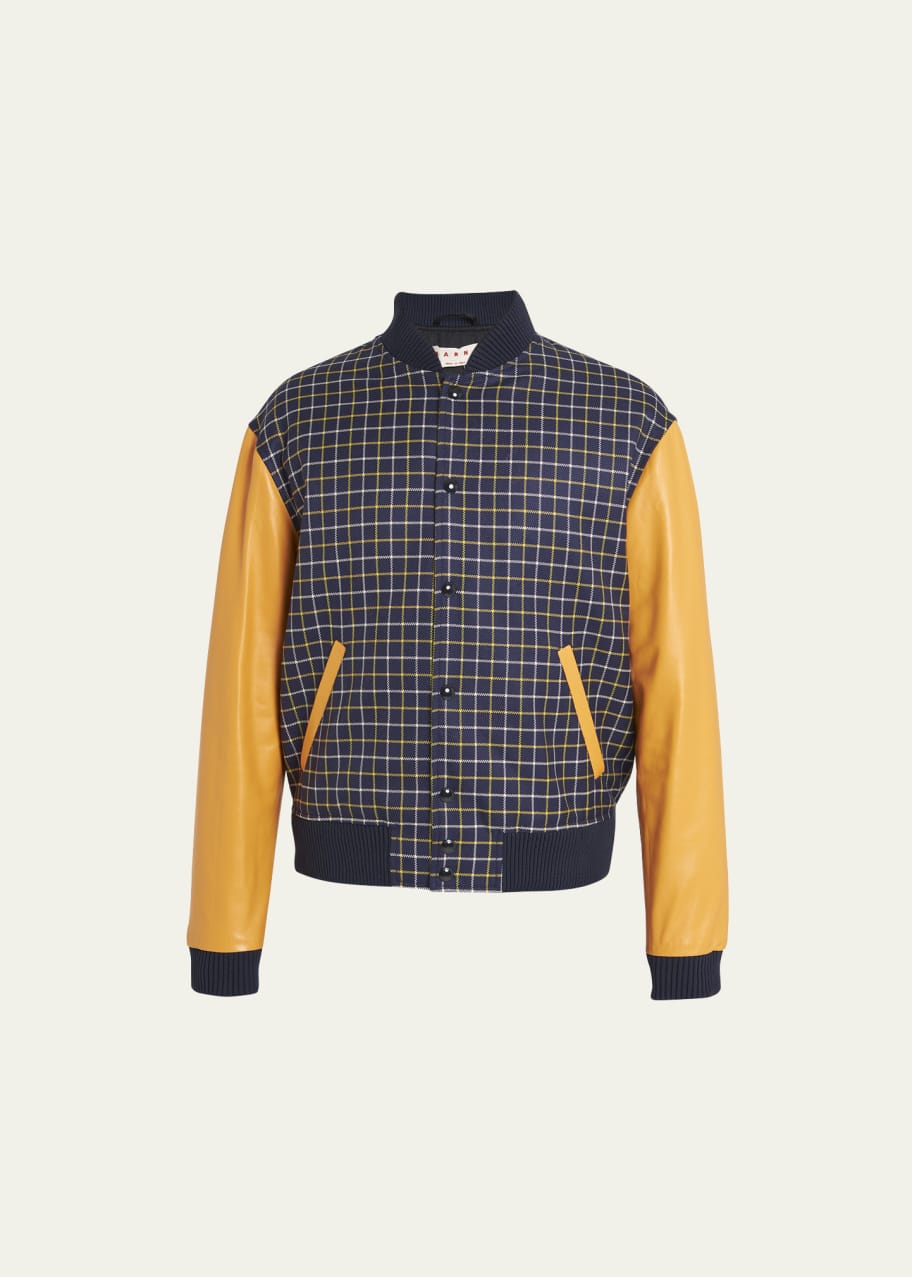 Marni Men's Check Varsity Jacket with Leather Sleeves