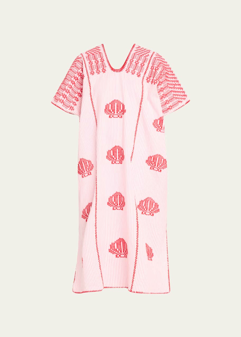Image 1 of 1: Three-Panel Midi Kaftan in White and Pink Stripe with Red Shells Design