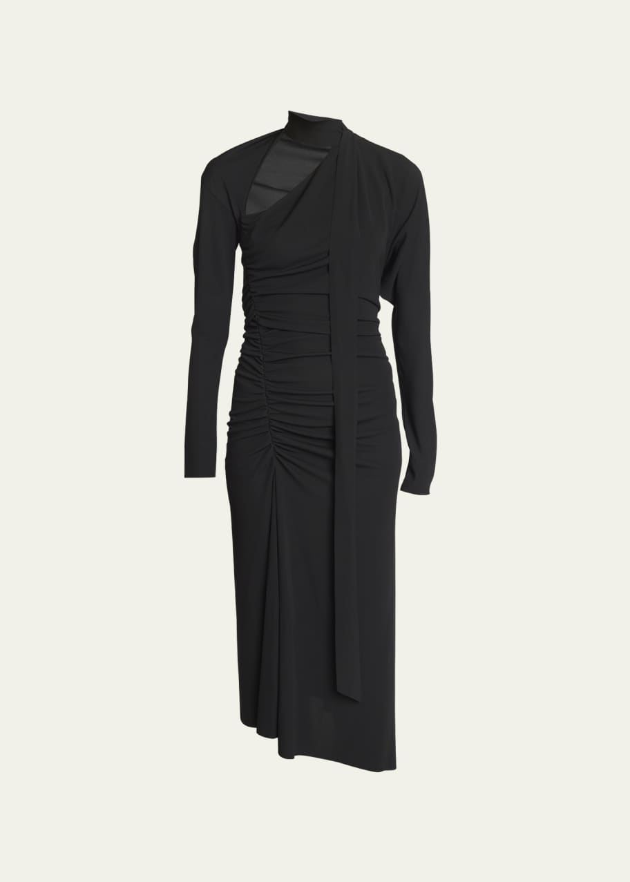 Victoria Beckham Slash-Neck Ruched Asymmetric Midi Dress
