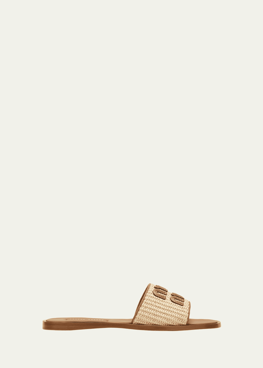 Miu Miu Raffia Logo Flat Slide Sandals - Bergdorf Goodman