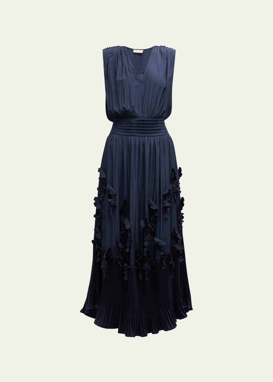 Ramy Brook Jacqueline Pleated Floral Applique Midi Dress