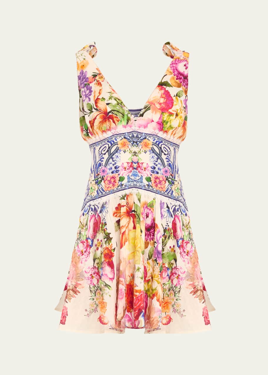 Camilla Tie-Shoulder Floral Linen Silk Mini Dress - Bergdorf Goodman