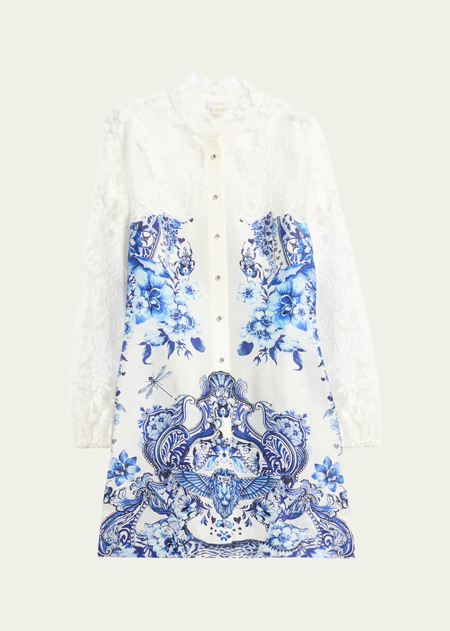 Image 1 of 1: Butterfly Lace-Sleeve Button-Front Mini Dress