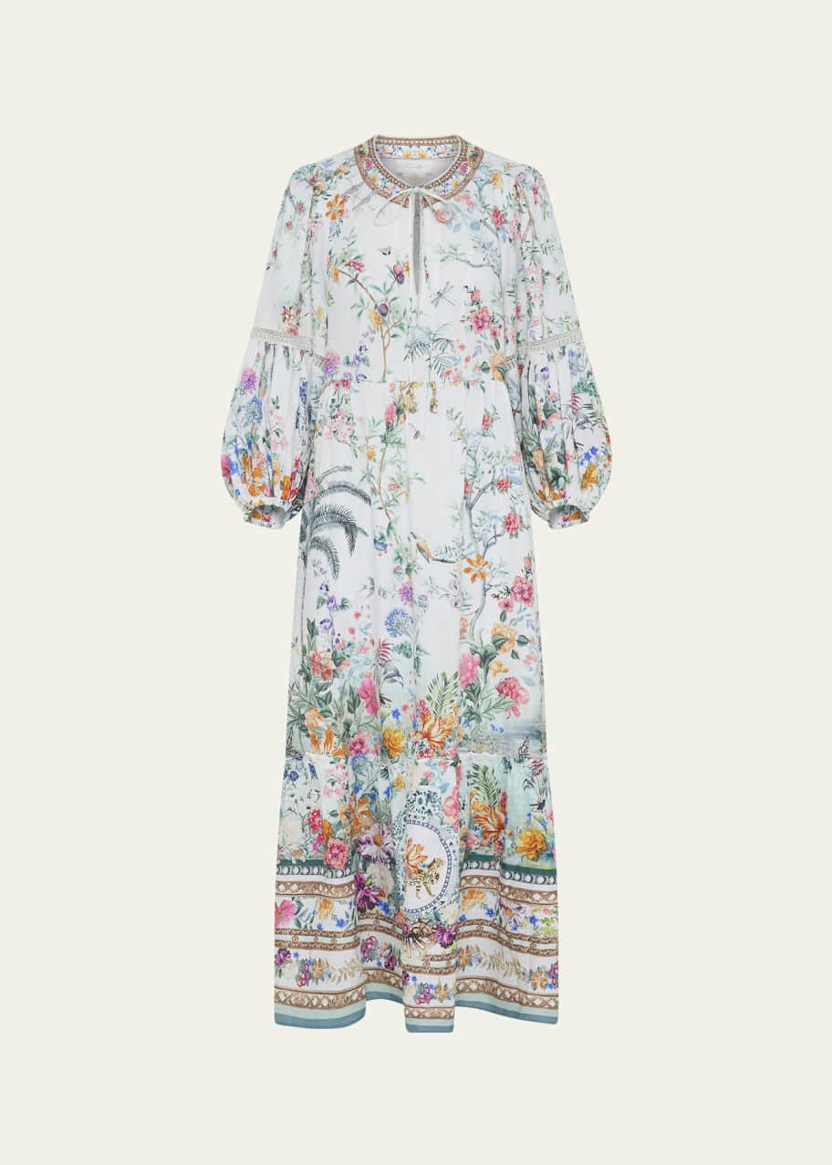 Image 1 of 1: Tie-Neck Floral Linen Blouson-Sleeve Midi Dress