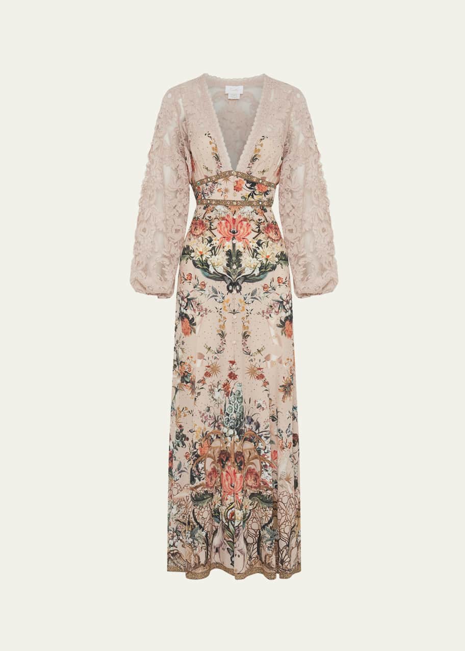 Lace Accents Puff Sleeves Floral Maxi Dress Lace Accents Puff Sleeves Floral Maxi Dress