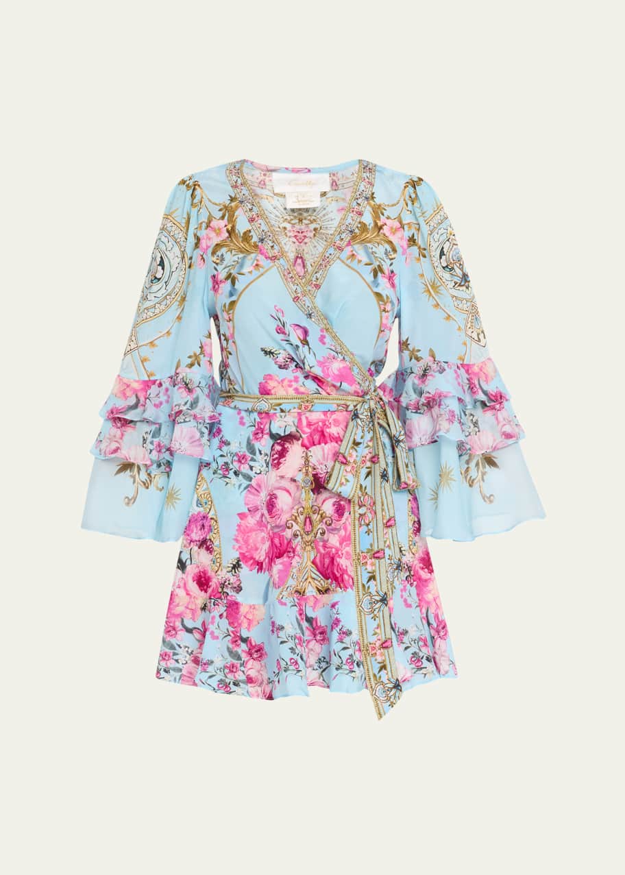Camilla Ruffle-Sleeve Floral Silk Mini Wrap Dress - Bergdorf Goodman