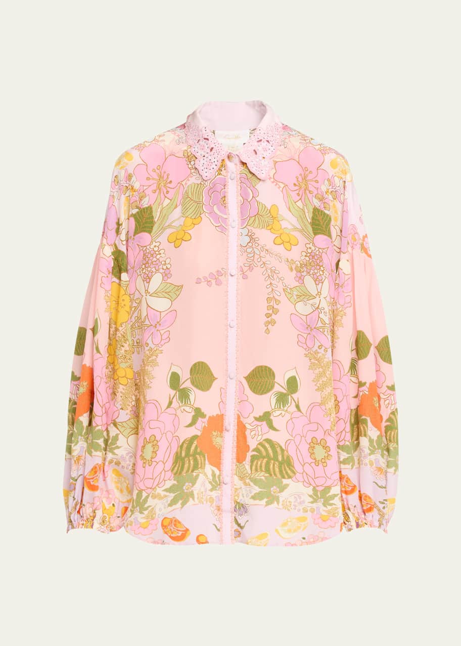 Image 1 of 1: Silk Balloon-Sleeve Shirt Blouse