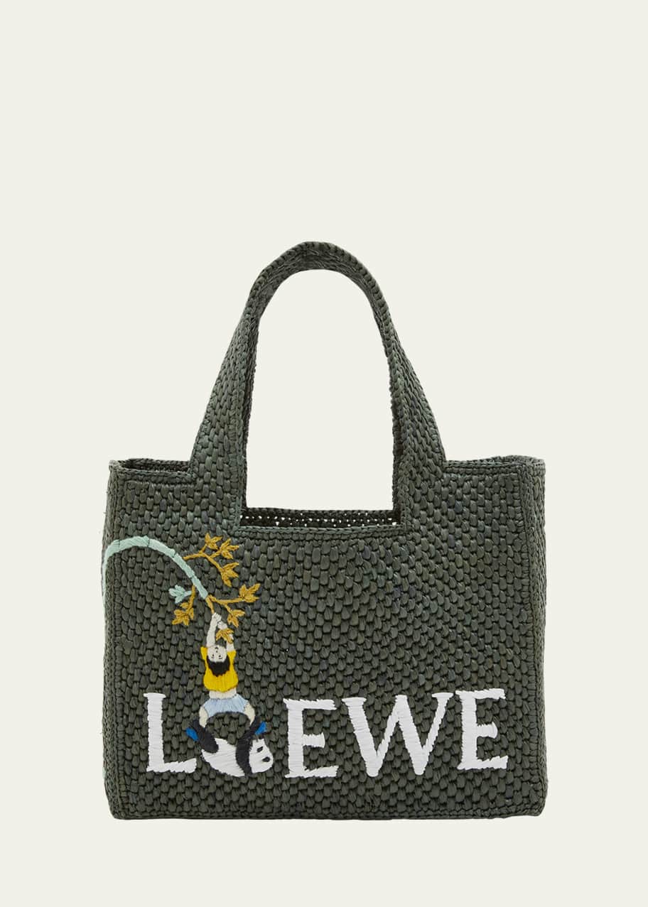 Loewe Font Small Tote Bag in Raffia with Pandas Bergdorf Goodman