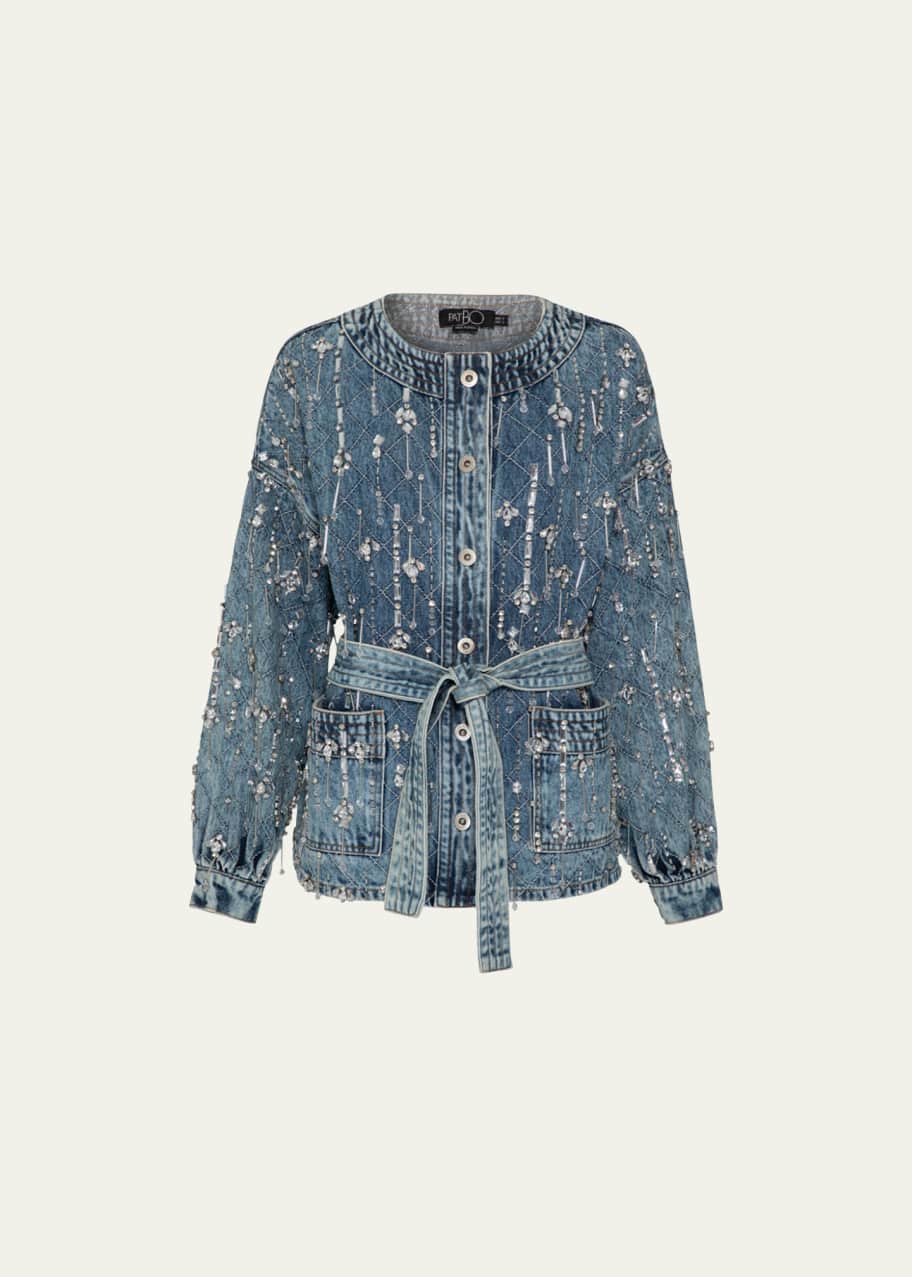PatBO Hand-Beaded Faux Pearl and Rhinestone Denim Jacket
